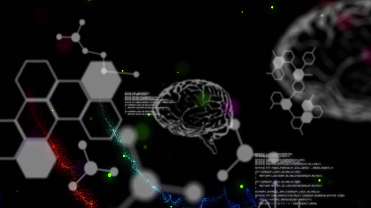 Processamento de dados médicos contra pontos de luz coloridos e ondas digitais em um fundo preto.