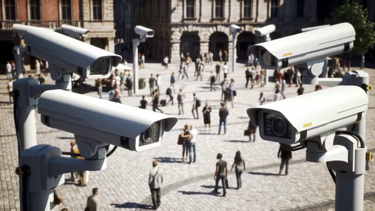 Surveillance Cameras Monitoring a Busy Public Square with Pedestrians, Showcasing Urban Security and Technology in Action