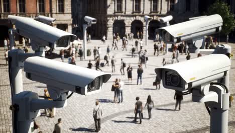 surveillance cameras monitoring a busy public square with pedestrians, showcasing urban security and technology in action