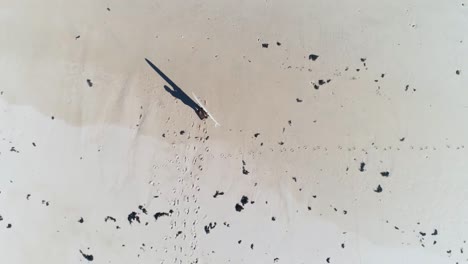 vista superior de un hombre corriendo con su tabla de surf en la playa y se detiene mientras baja la tabla de surf a su lado