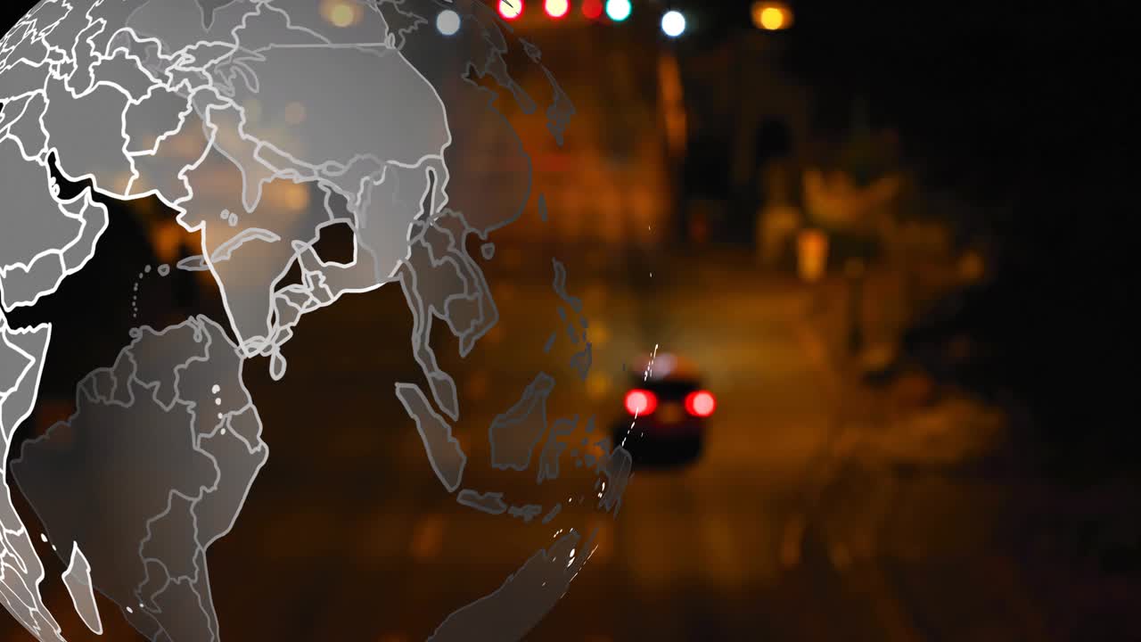 Globe appearing and rotating clockwise while cars passing, representing global traffic flow