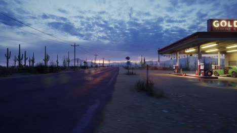 panning shot gas station and hotel motel cafe in the mojave desert