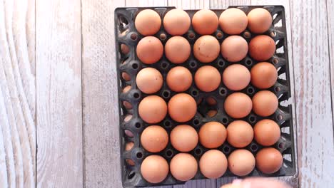 person selecting fresh brown eggs from a carton