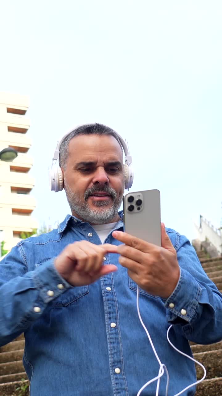 Man listening to music and dancing on stairs
