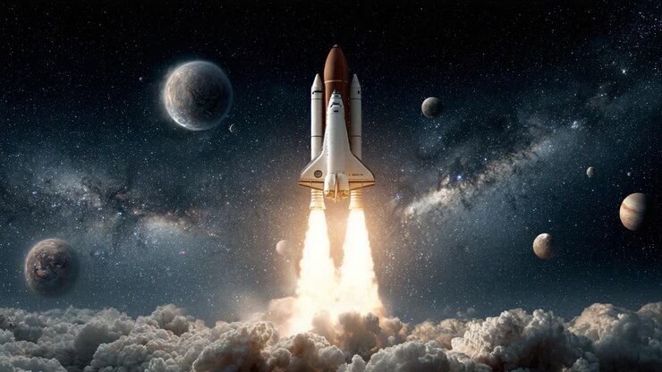 A stunning depiction of a rocket launching into the vastness of space, surrounded by celestial bodies and cosmic wonders, showcasing the power of human innovation and exploration