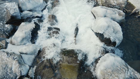 Starker-Wasserfluss-über-Einem-Zugefrorenen-Fluss,-Nahaufnahme,-Zeitlupe