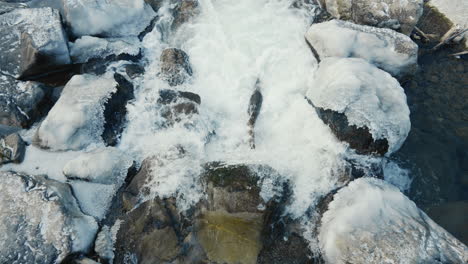 strong water flow frome above a frozen river, close up, slow motion