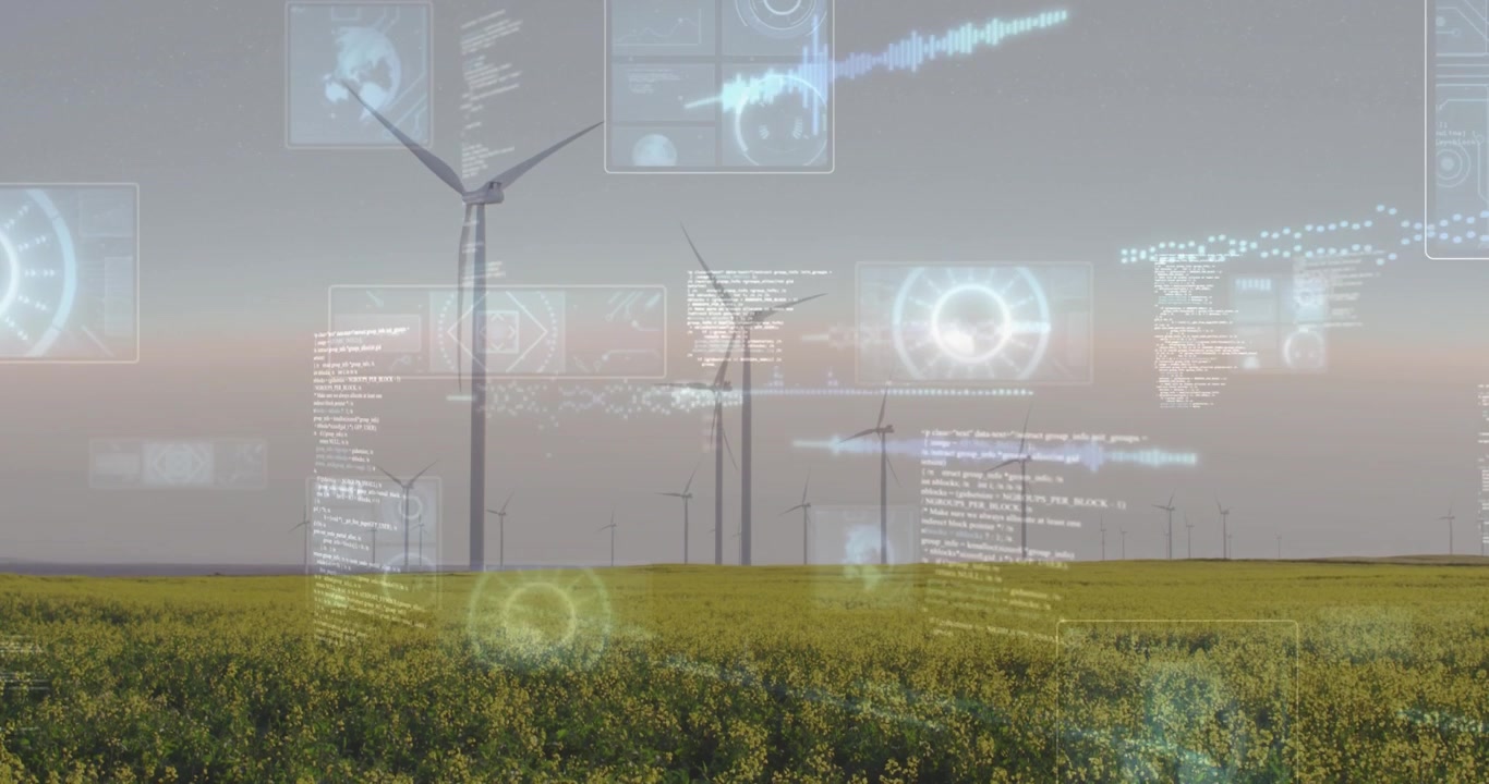 Wind turbines rotating and crops swaying then data widgets fading in showing real-time metrics