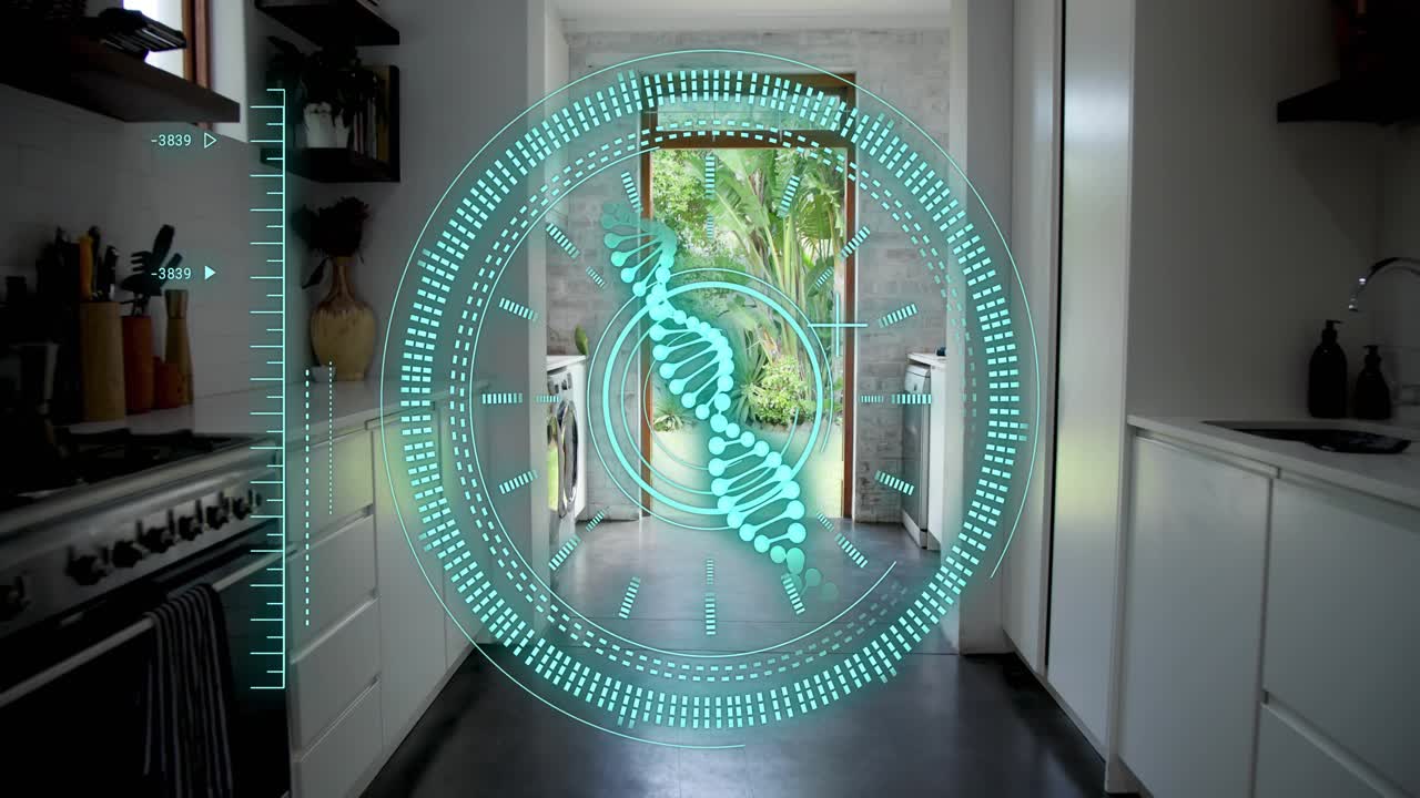 Teal round HUD animating DNA helix while camera moving forward, revealing garden beyond glass door
