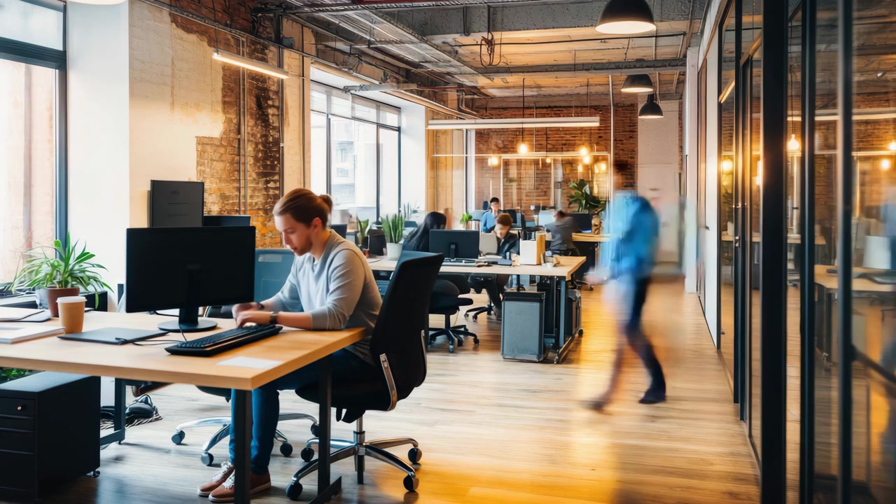 Busy Modern Office with Employees Working and Walking
