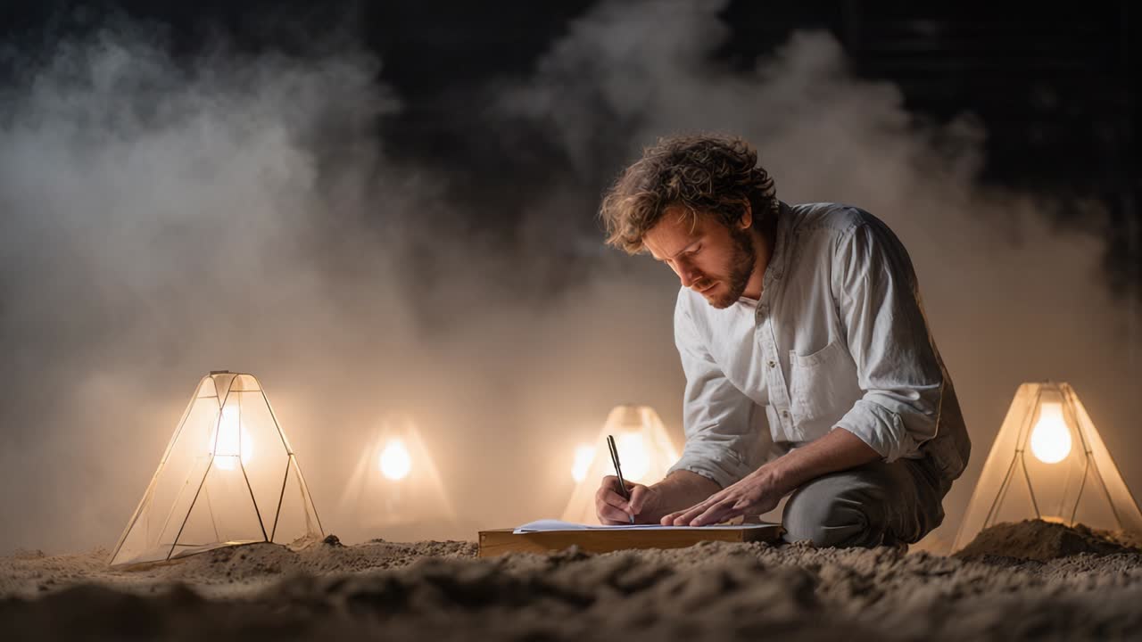 Man Writing in a Surreal Setting