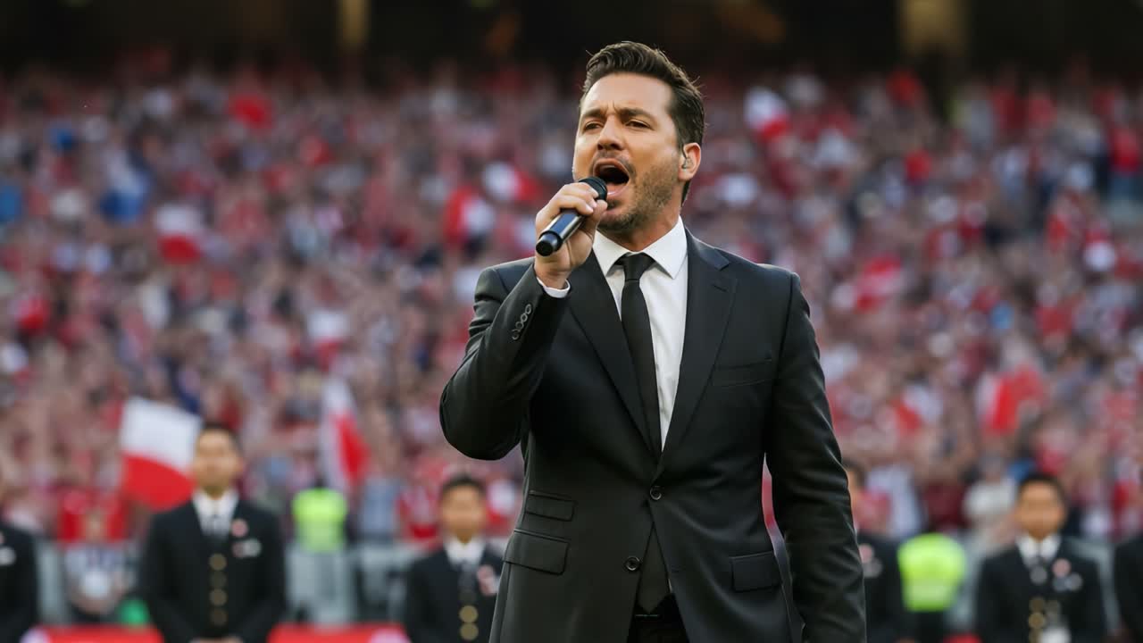 A Captivating Performance: A Solo Artist Dressed in Formal Attire Singing Passionately in Front of an Enthusiastic Crowd Filled with Flags