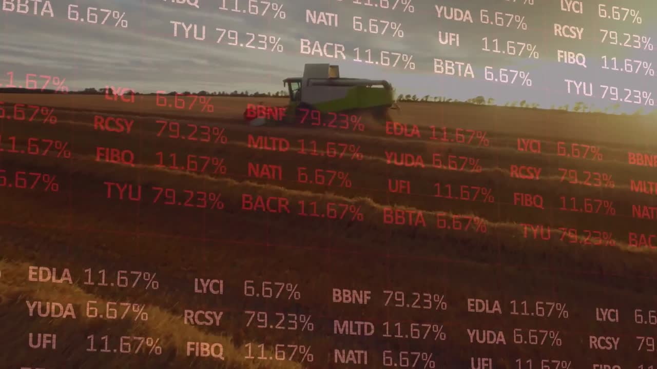 Animation af finansiel databehandling over en mejetærsker på en landbrugsmark.
