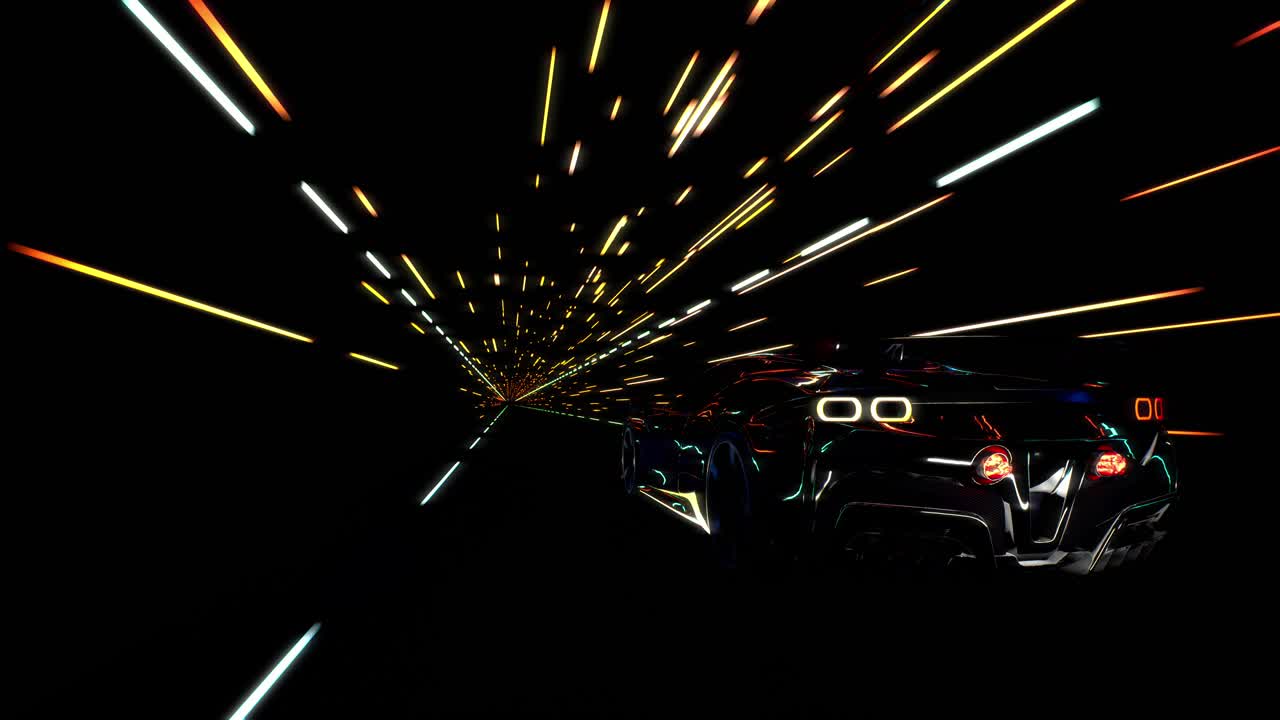 3D Speeding Sports Car On Neon. Powerful Acceleration Of A Supercar On A Night Track With Colorful Lights And Trails. 3D Animation
