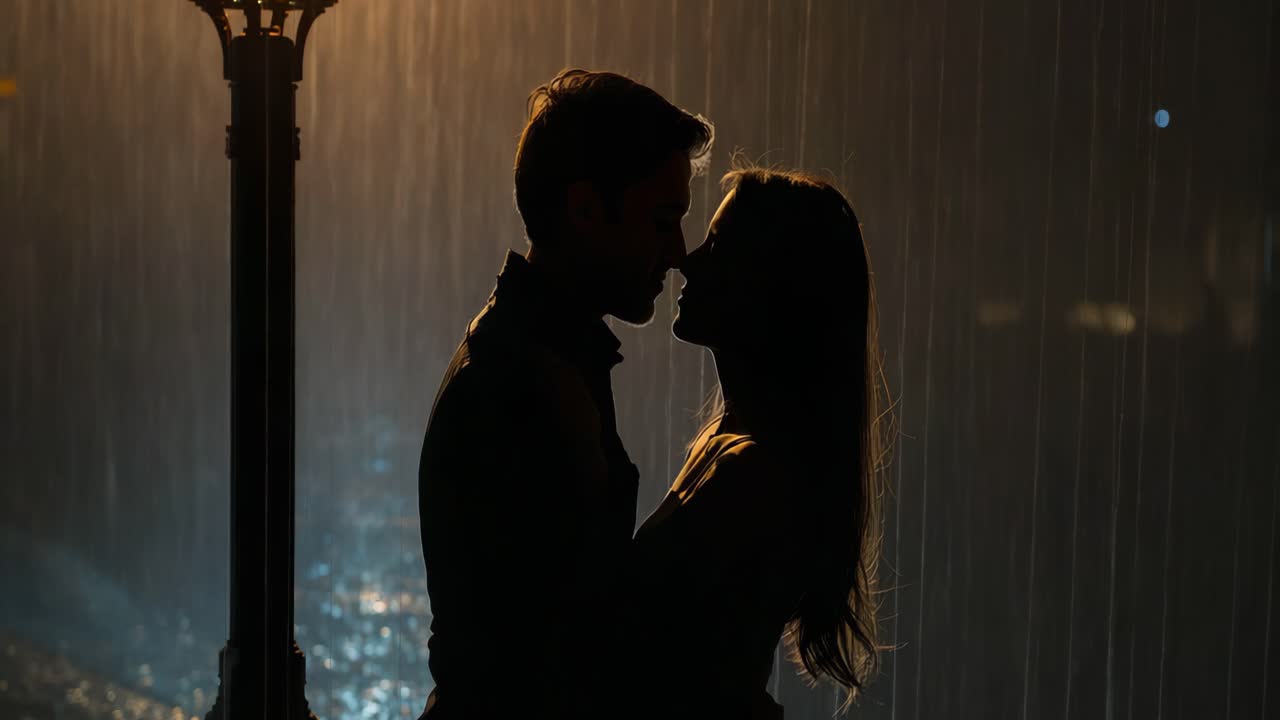 Silhouette of a Couple Embracing in the Rain at Night