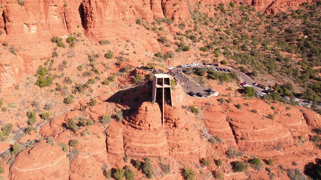 Chapel of Holy Cross in Red Rock Landscape of Sedona Arizona USA, Drone Aerial View