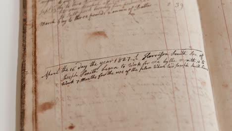 Lemuel-Durfee-ledger-old-1800s-document-writing-down-the-time-he-bought-the-Smith-home-and-made-Samuel-work-for-him-at-Historical-Museum-and-Research-library-for-the-in-Canandaigua-New-York