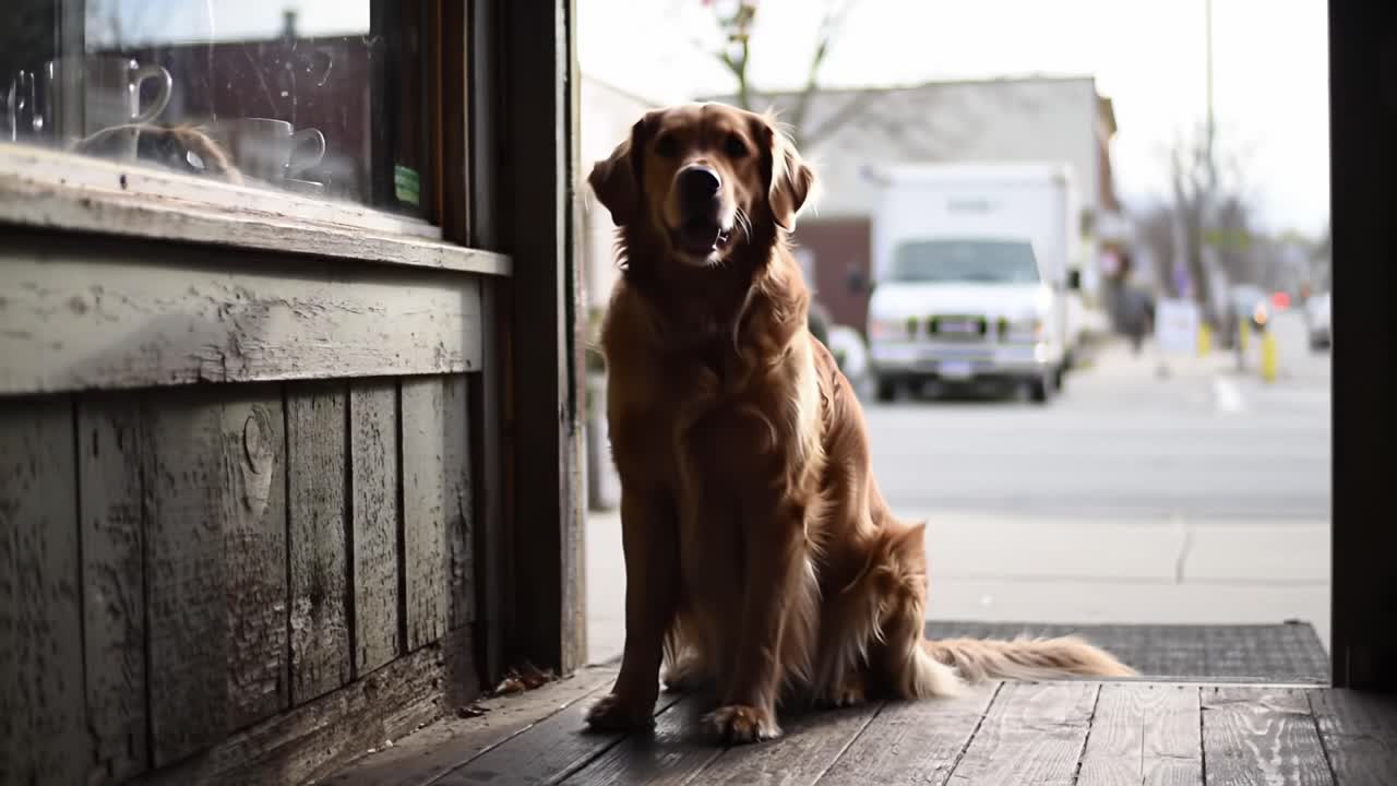 A Golden Retriever Enjoying a Quiet Moment Near a Shop Entrance, Capturing the Serenity of a Late Afternoon in the Neighborhood