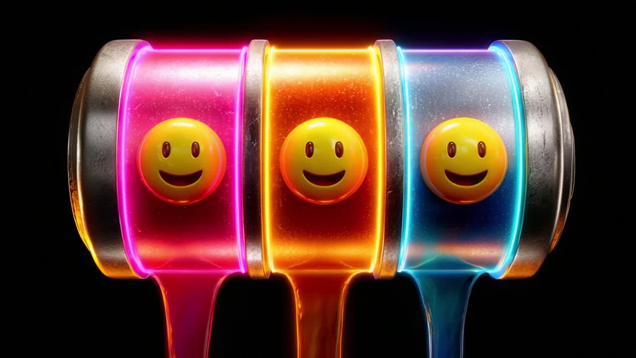 A vibrant display of colorful liquids cascading from three barrels, each adorned with cheerful smiley face buttons, creating a lively and joyful atmosphere with neon illumination