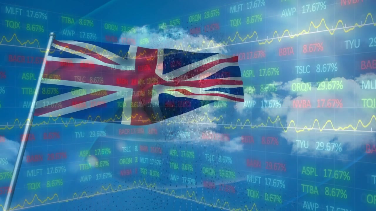 Animazione di elaborazione di dati finanziari su due dadi e banconote di dollari americani