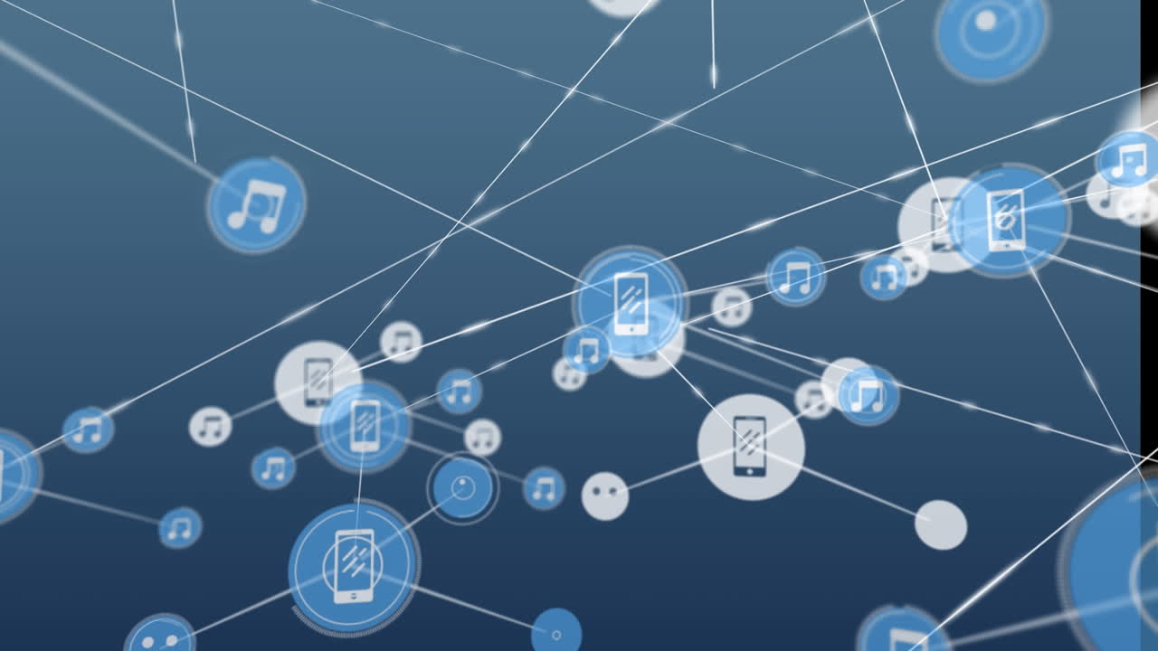 animación de una red de iconos digitales contra un fondo azul