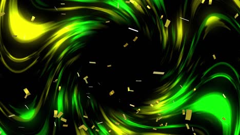 Animation-of-confetti-falling-over-glowing-green-and-yellow-light-trails-on-black-background