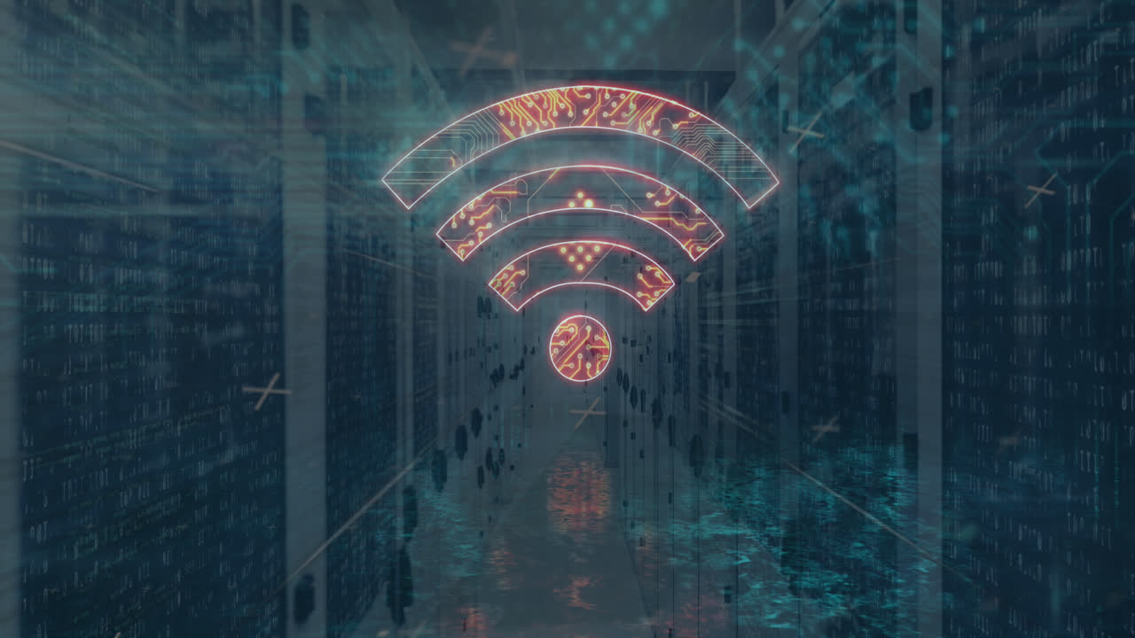 animación del icono wifi formado con placa de circuito de computadora y procesamiento de datos a través de servidores