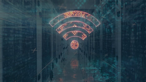 Animation-of-wifi-icon-formed-with-computer-circuit-board-and-data-processing-over-servers