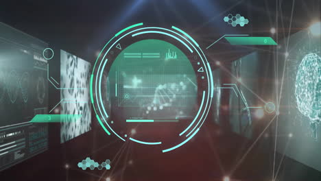 animation of circular scanner over dna strand and medical data on interface screens