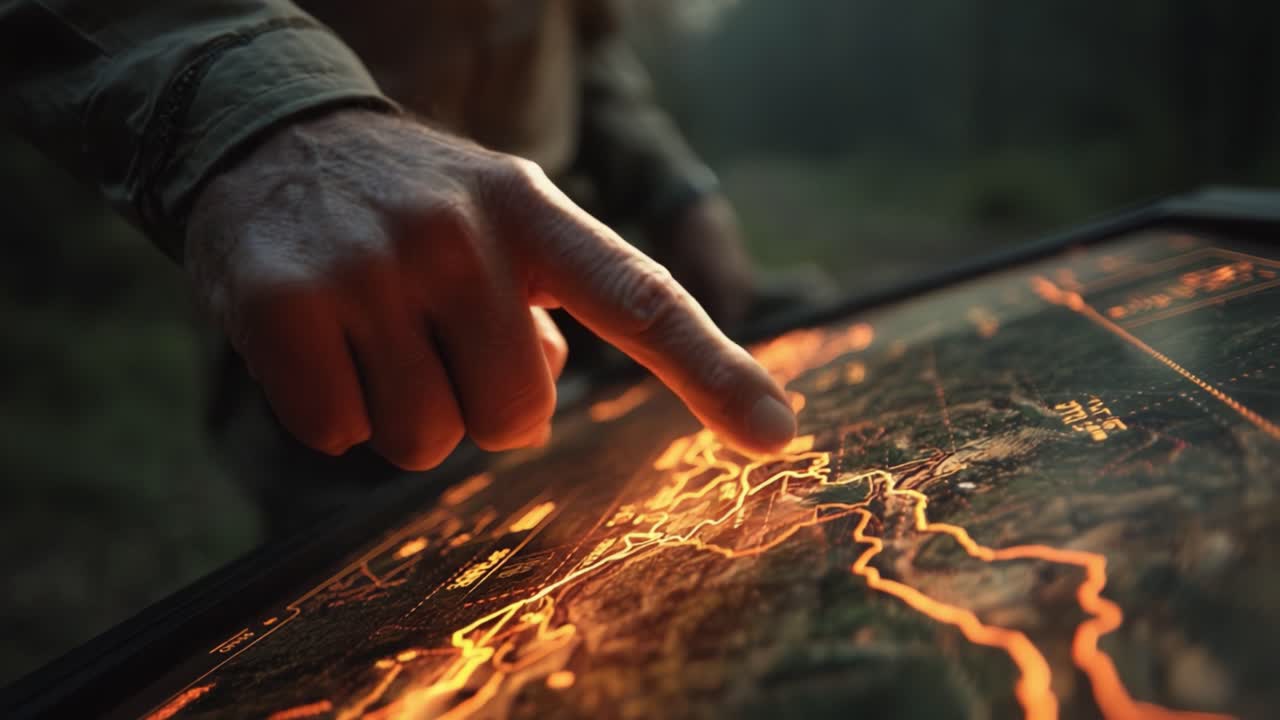 A Close-Up of a Hand Examining an Illuminated Digital Map with Detailed Topography and Trail Information in a Forest Setting