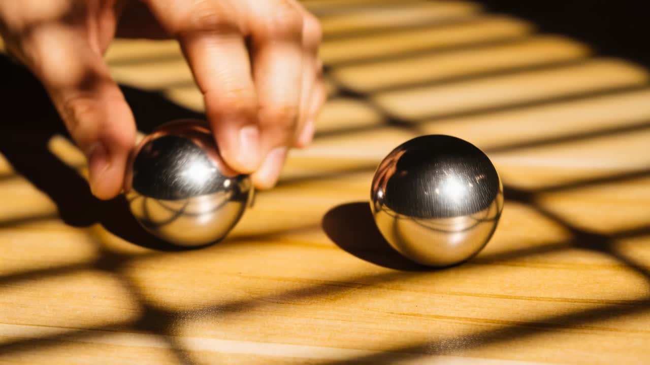 Højre hånd rører ved to stålkugler på træbord, hvilket justerer refleksioner i blinde bånd.