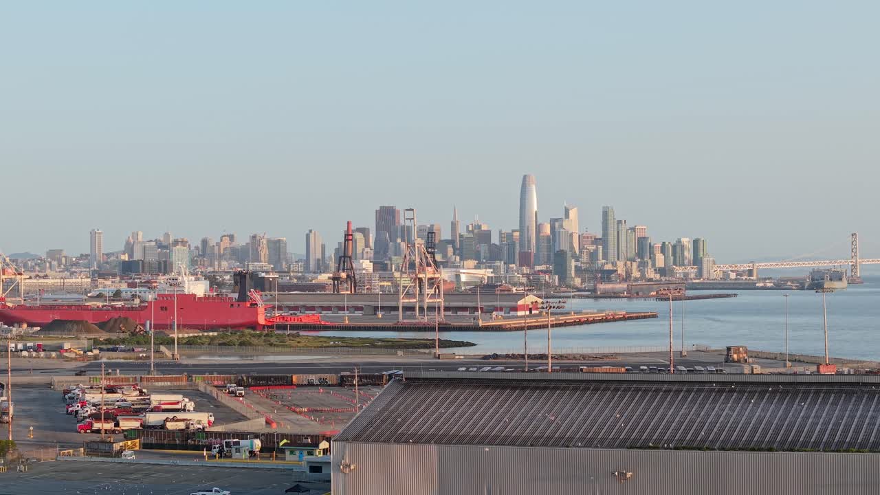 Slow panning shot from a drone highlighting downtown San Francisco in the background.