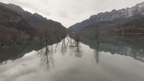 serene mountain lake with reflected trees