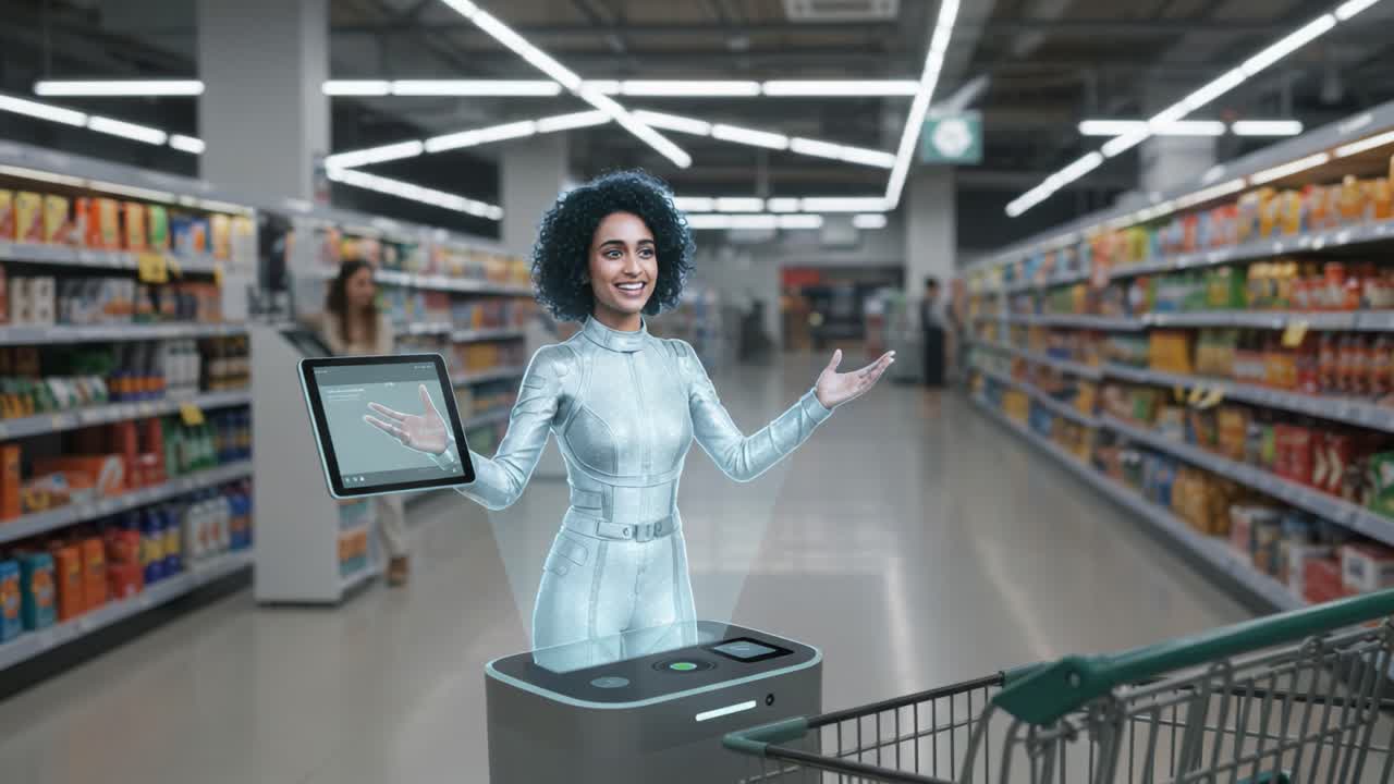 A futuristic holographic assistant in a supermarket interacts with shoppers, showcasing advanced technology in retail environments while enhancing customer experience and engagement