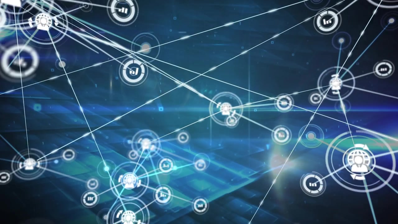 Animation of network of connections with icons with glowing spots