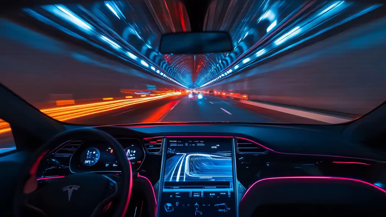 Tesla Model S Driving Through a Tunnel at Night