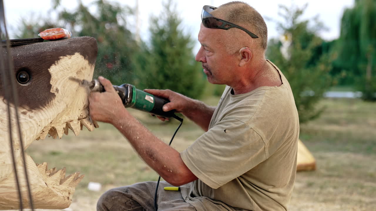 Mature man with sunglasses on his head creating a shark from piece of wood. Man uses electric tool in the process.