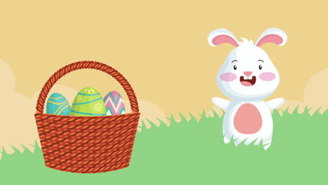 happy easter animated card with rabbit and eggs painted in basket