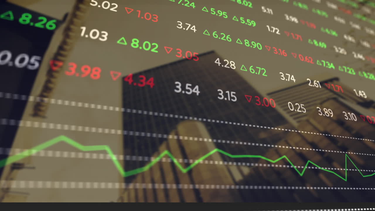 Animation of stock market numbers and arrows reflecting on skyscraper glass facade