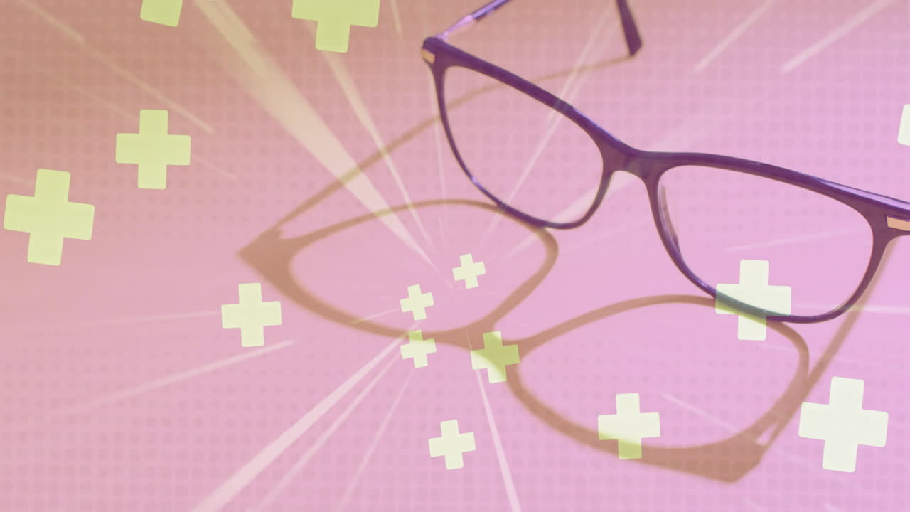 animación de iconos y rastros de luz sobre gafas sobre fondo blanco.