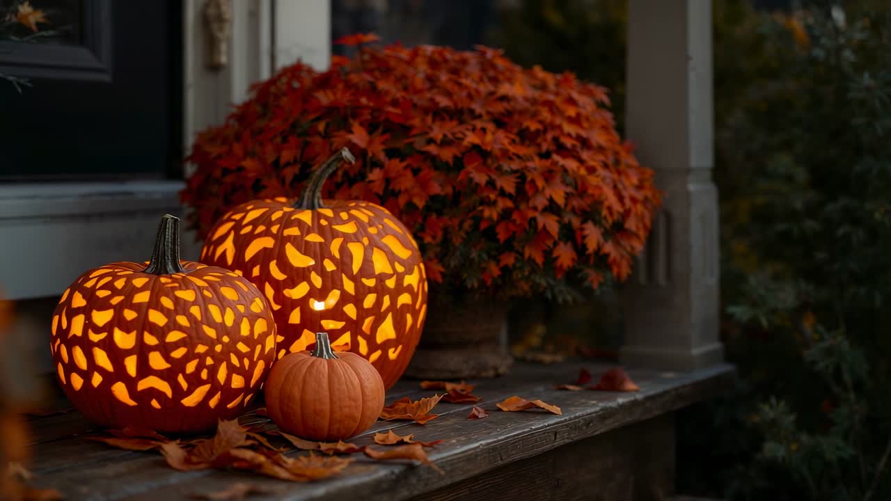 Focusing on glowing jack lanterns prompts camera drifting along autumn porch to reveal potted plant