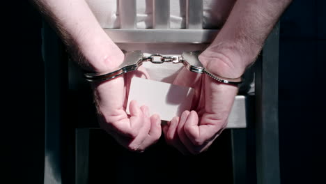 medium dolly shot of a man with his hands cuffed behind his back