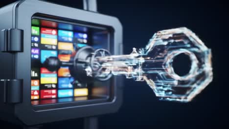 futuristic key unlocking a digital vault with colorful interface, representing advanced security solutions and data protection technologies in modern systems