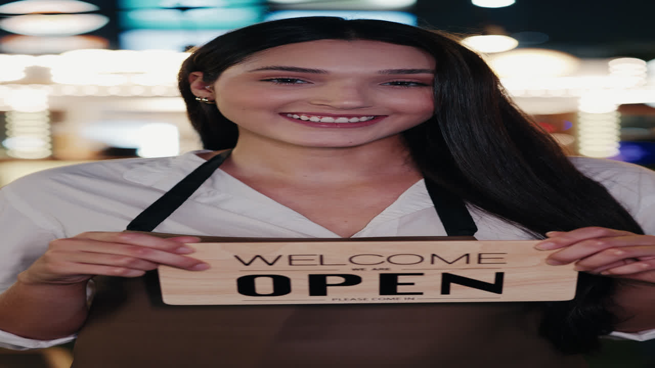 Smiling woman holding open sign