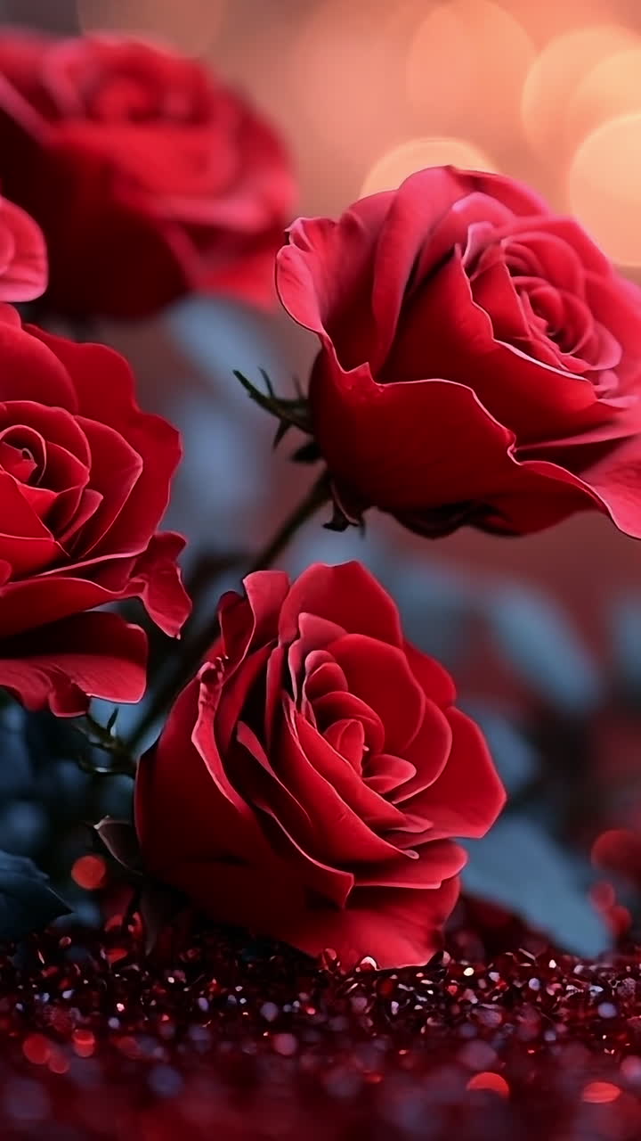Red roses on a sparkly backdrop. Red roses arranged elegantly against a shimmering backdrop create a romantic atmosphere, perfect for special occasions.