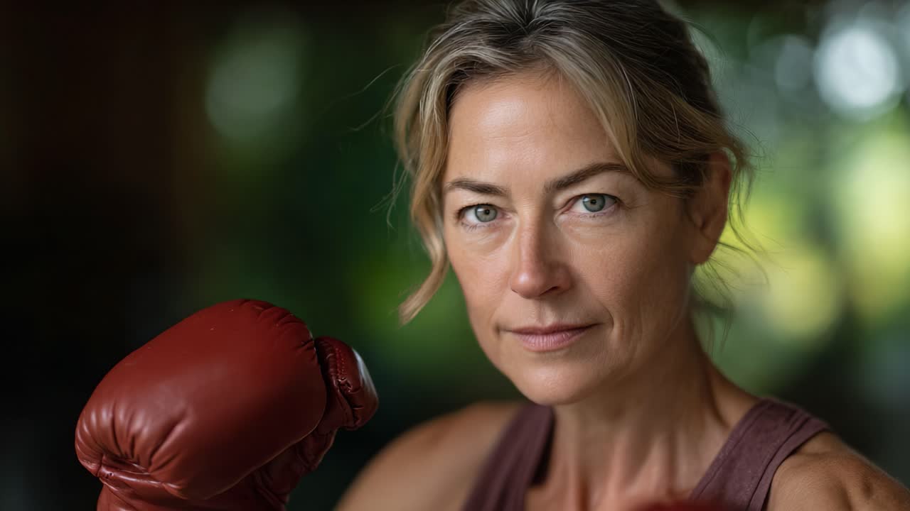 Mujer empoderada lista para boxear: primer plano de una boxeadora segura de sí misma, con cabello castaño, manos enguantadas y expresión decidida, concentrada en el combate que tiene por delante