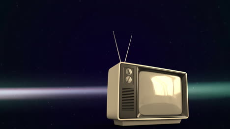 Animation-Eines-Retro-Fernsehers-über-Lichtstrahlen-Auf-Dunklem-Hintergrund