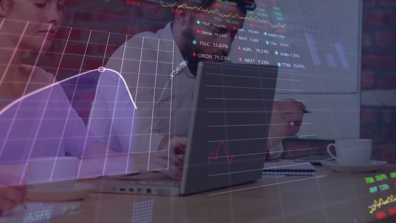 Animation of stock market data processing over diverse colleagues working at office