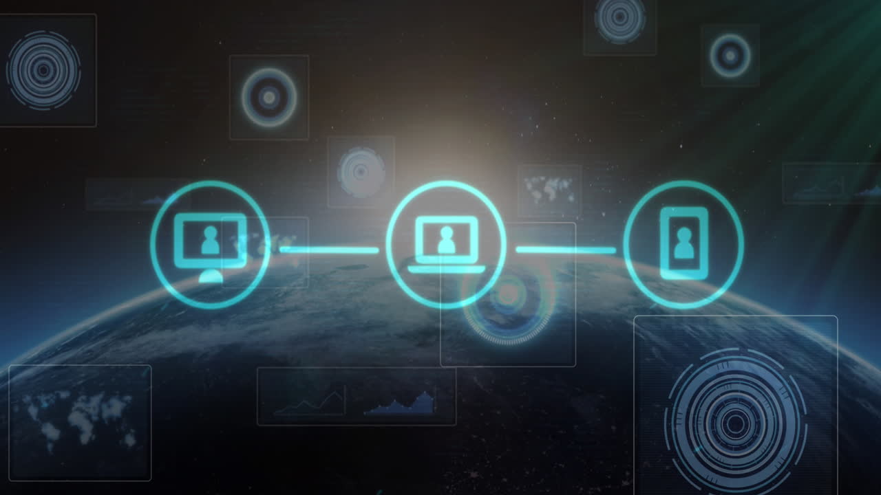Animation of scopes scanning and three digital icons over globe and sun