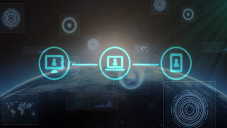 animación de escaneos y tres iconos digitales sobre el globo y el sol